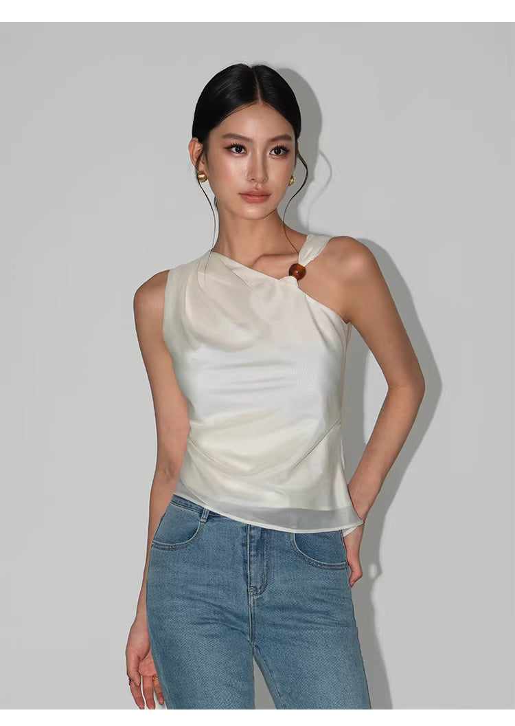Beaded One Shoulder Top in Black Ink or White