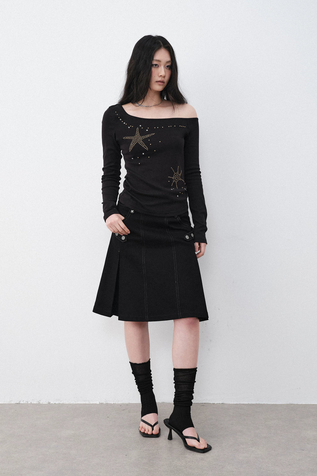 Silver Hardware Pleated Midi-Skirt