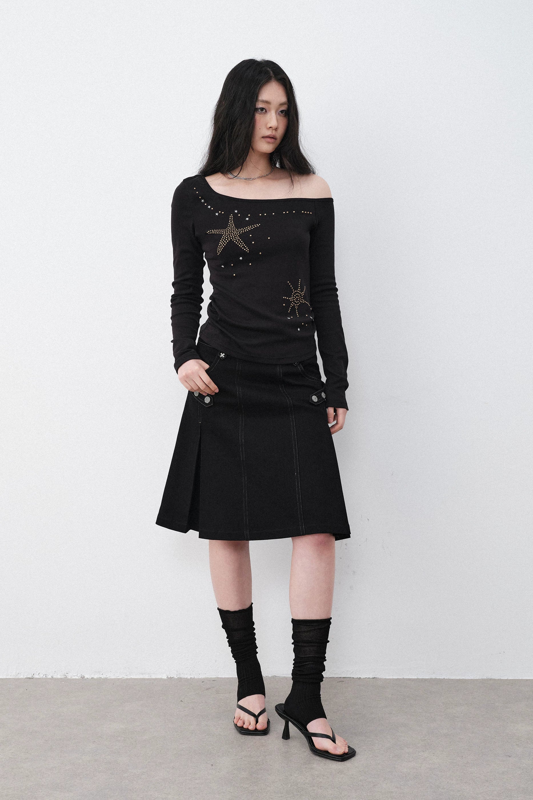 Silver Hardware Pleated Midi-Skirt