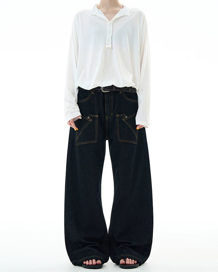 Wide-Leg Contrast Stitch Denim