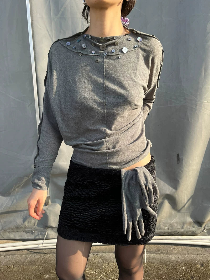 Shell Collar Button Sleeve Jersey Top