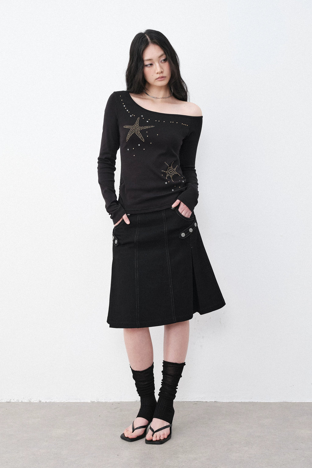 Silver Hardware Pleated Midi-Skirt