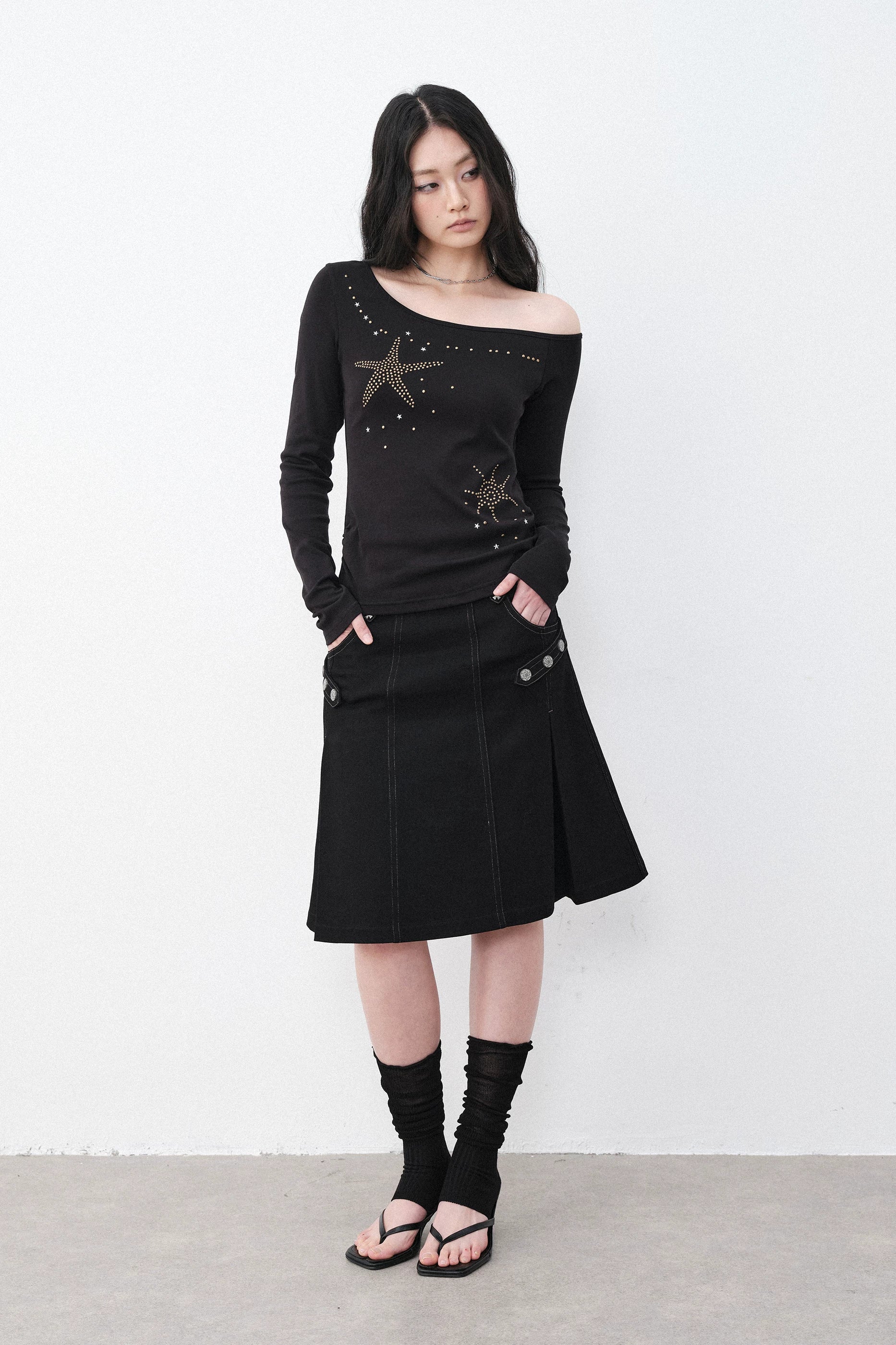 Silver Hardware Pleated Midi-Skirt