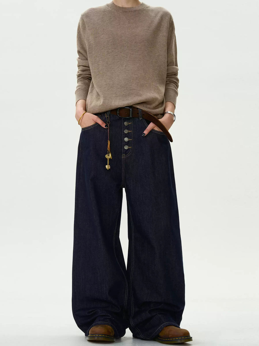 Button Fly Wide-Leg Raw Denim