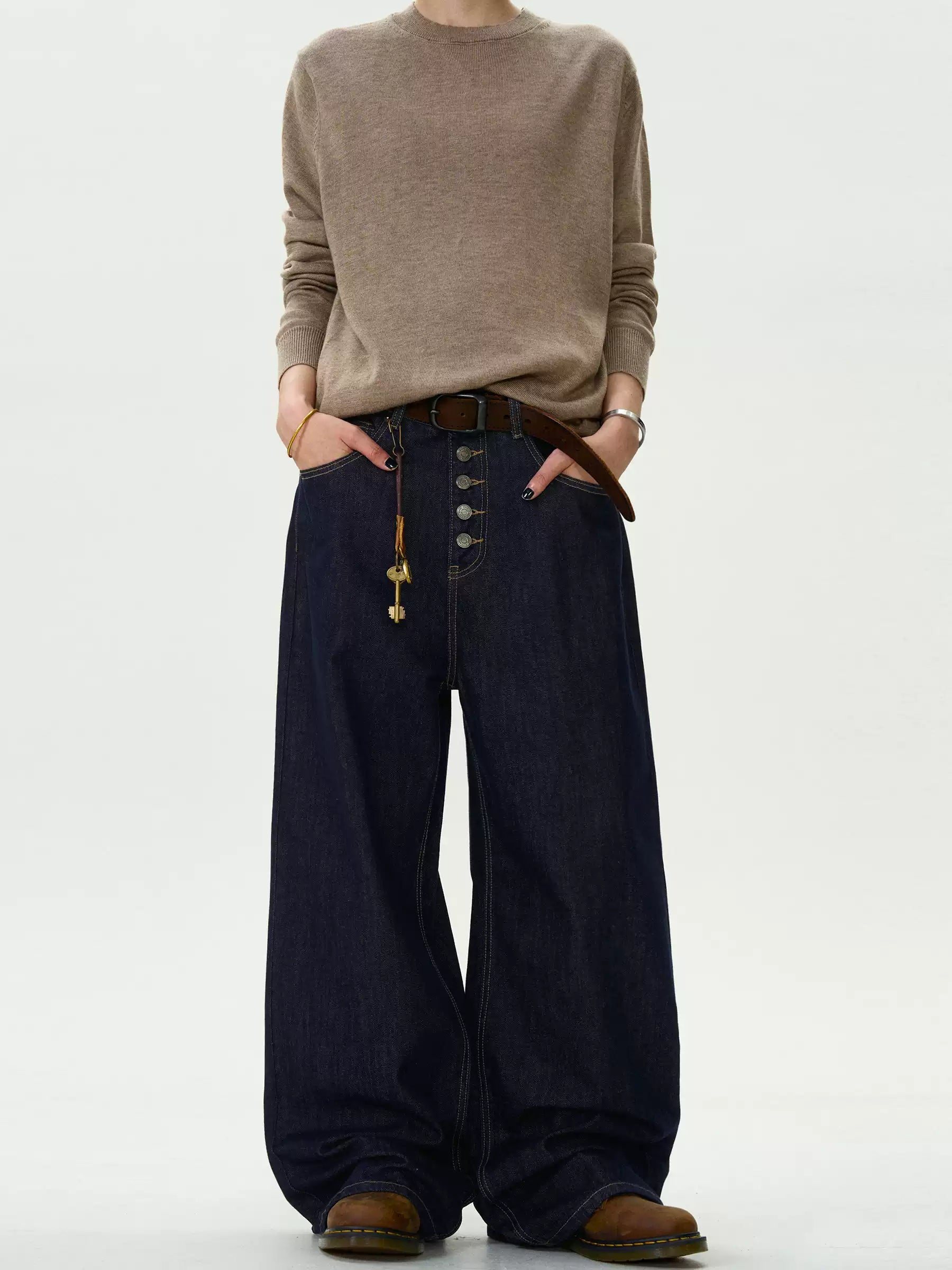 Button Fly Wide-Leg Raw Denim