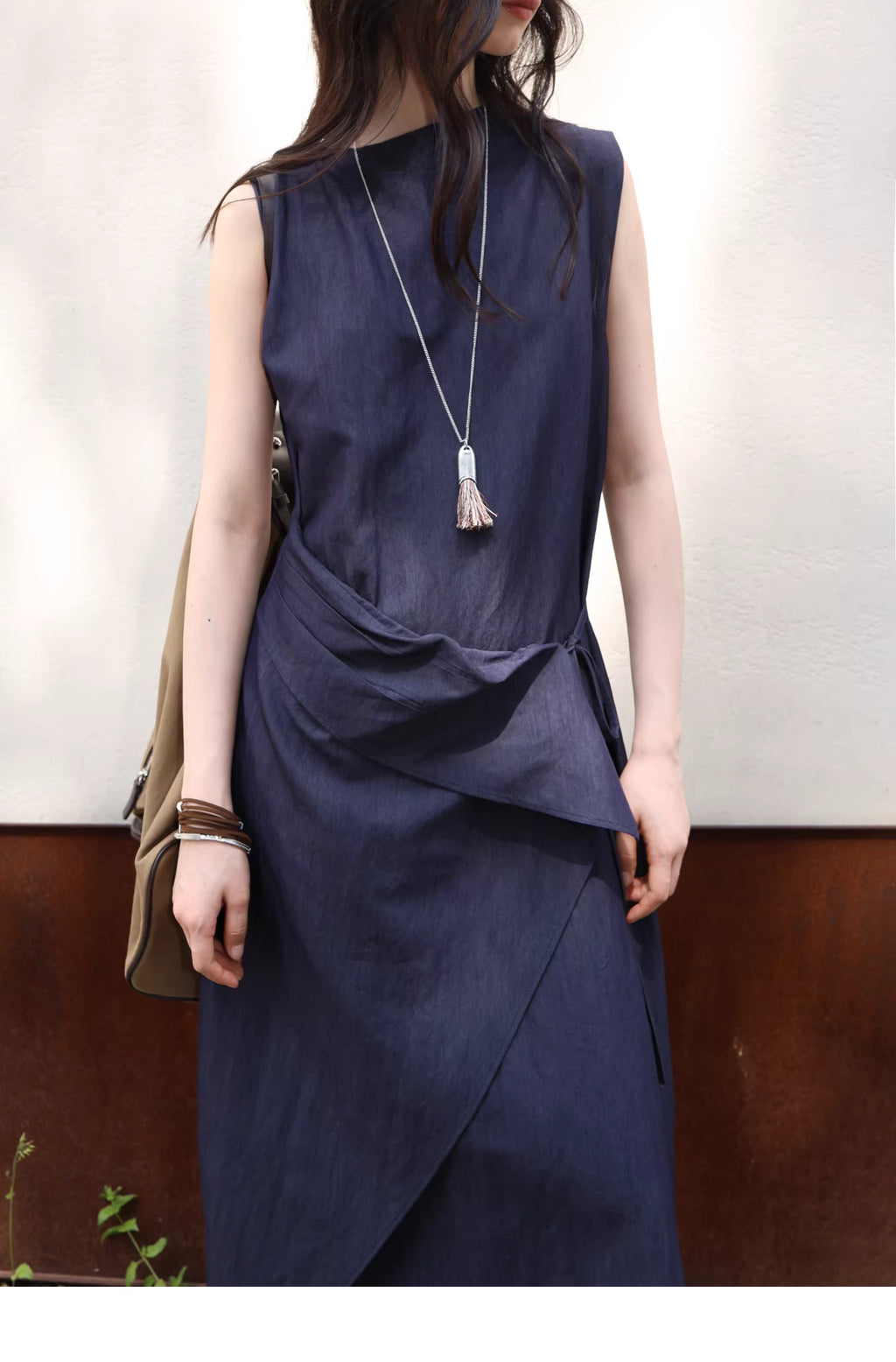 Sculptural Indigo Side-Tie Maxi Dress