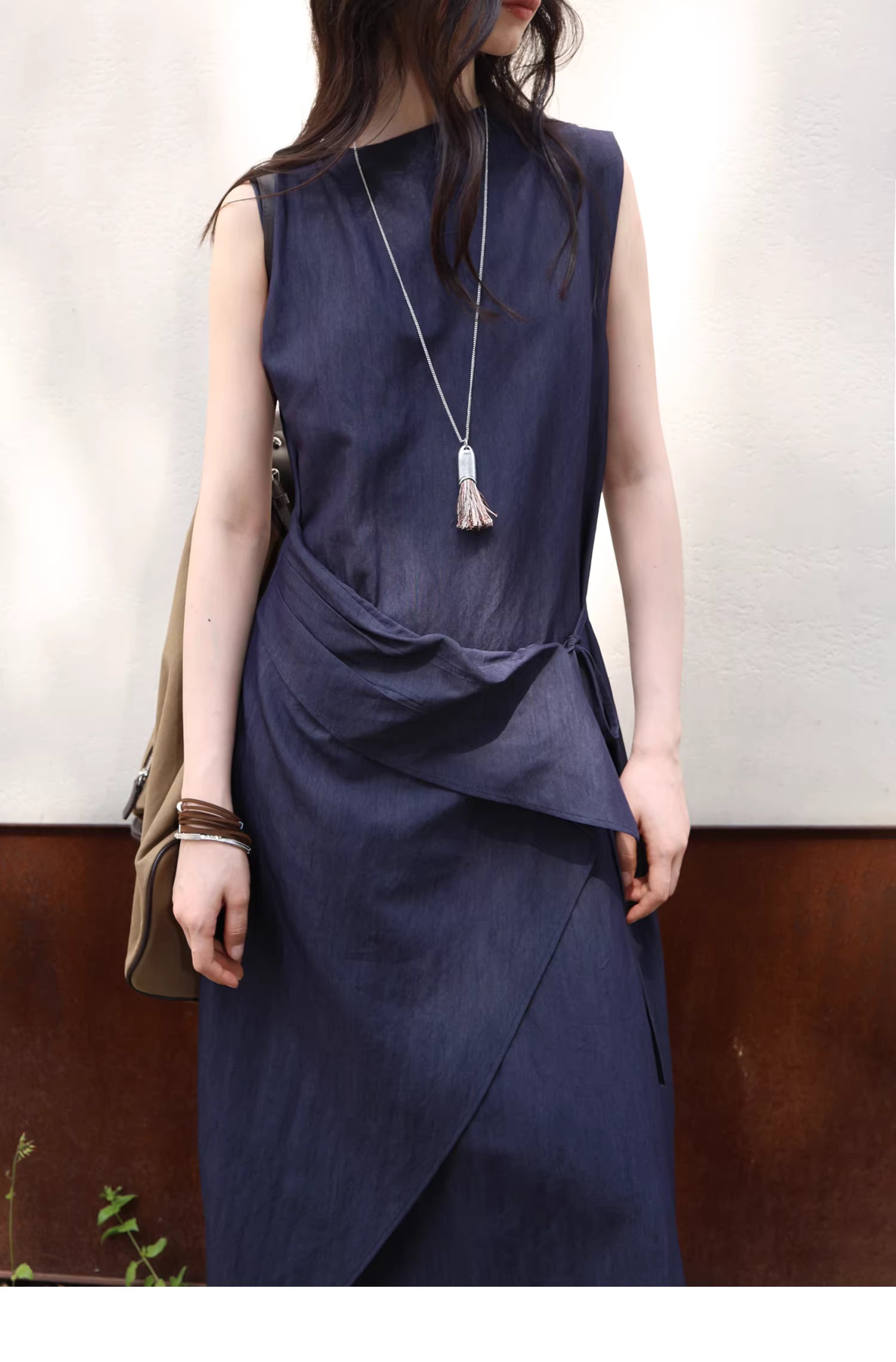 Sculptural Indigo Side-Tie Maxi Dress