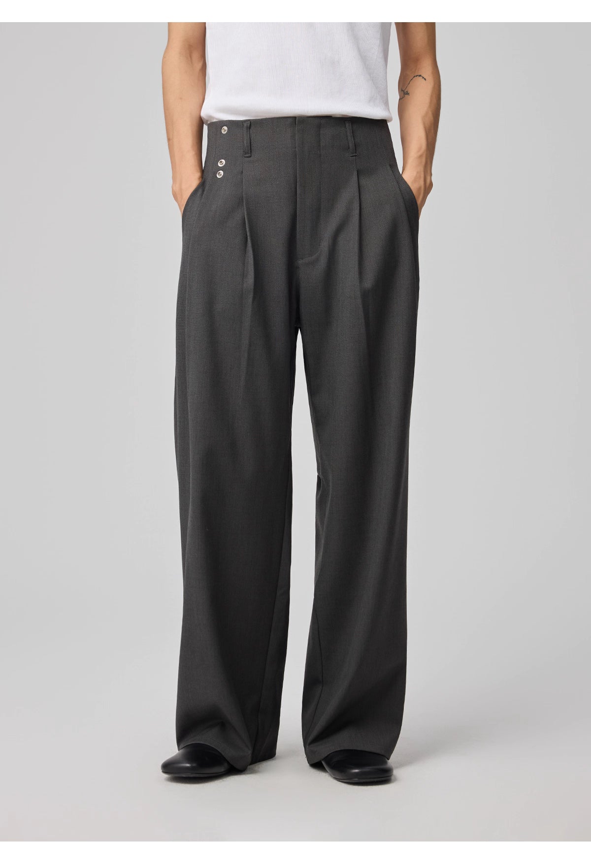 Removable Waistband Wool Trousers with Openwork Pockets