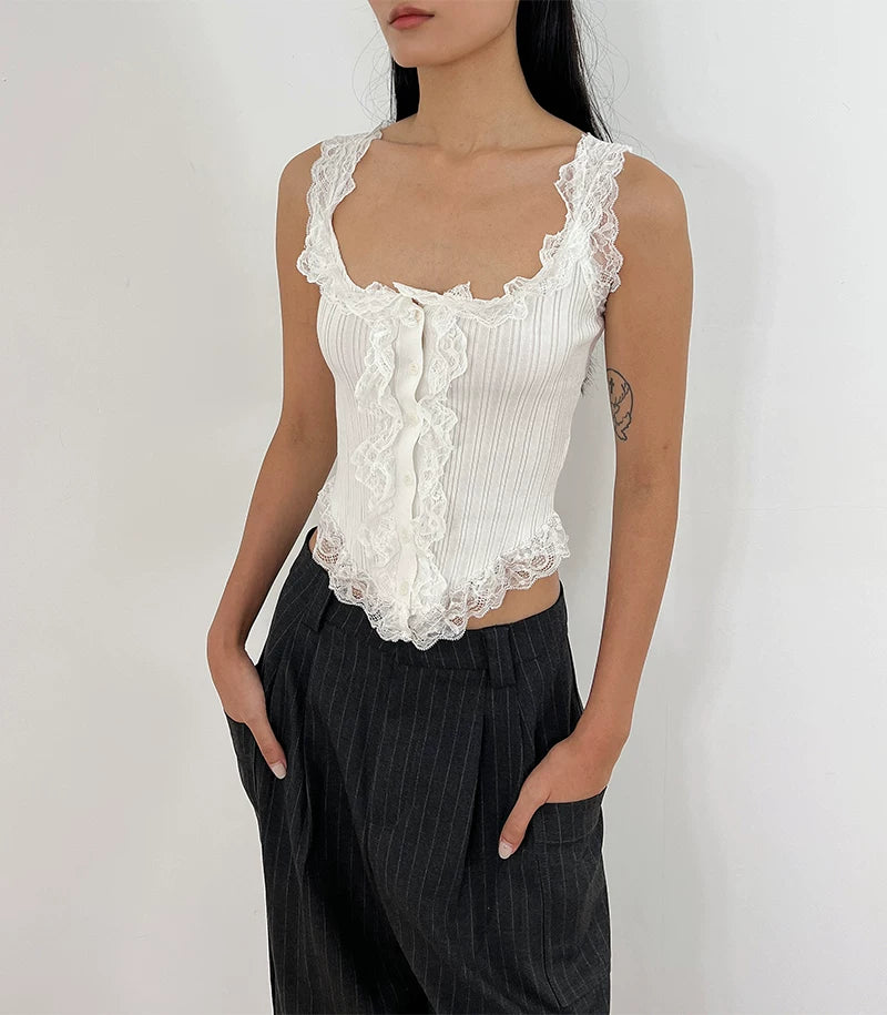Lace Trim Pointelle Corset Tank
