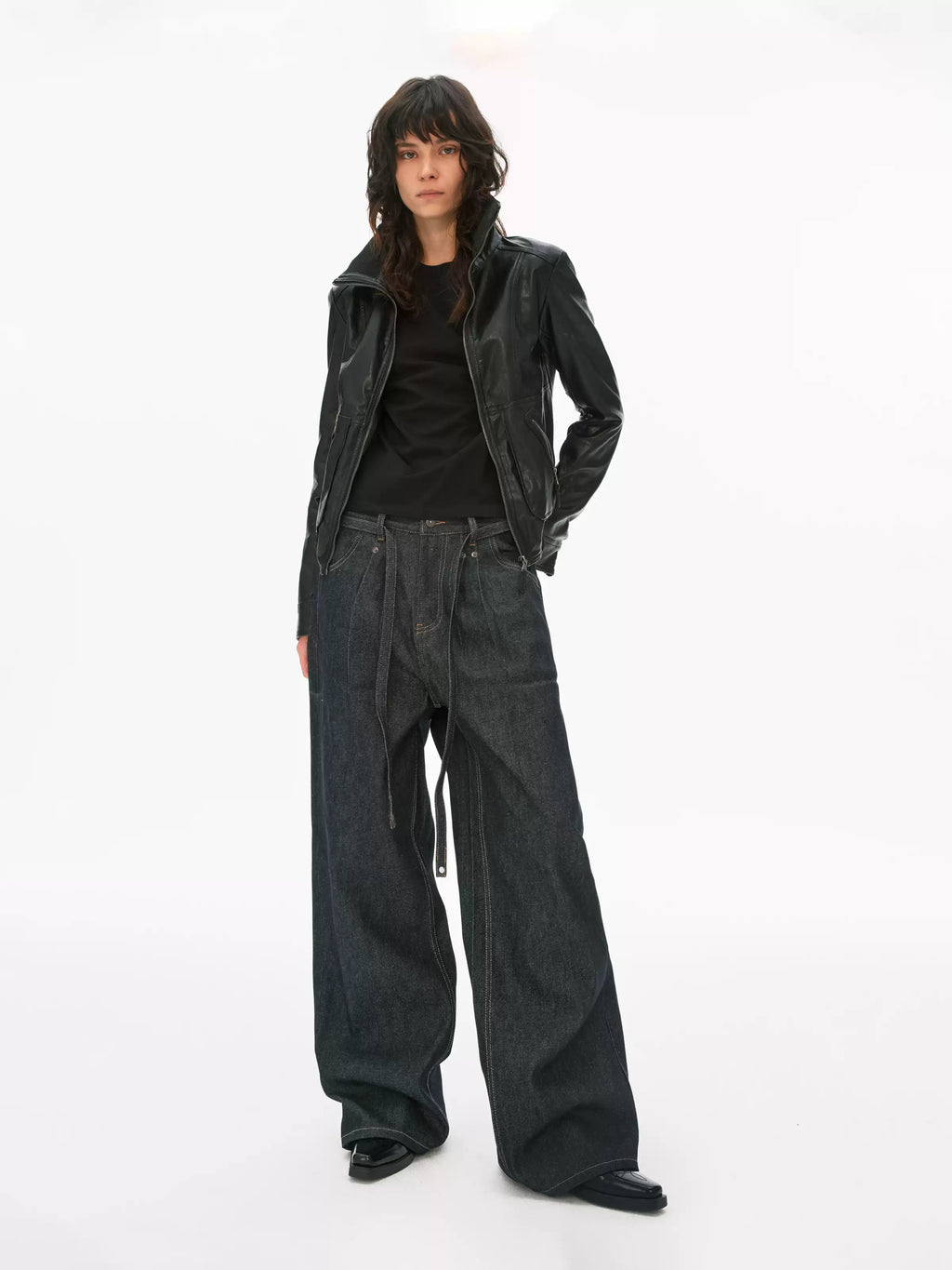 Pleated Wide-Leg Denim Trousers