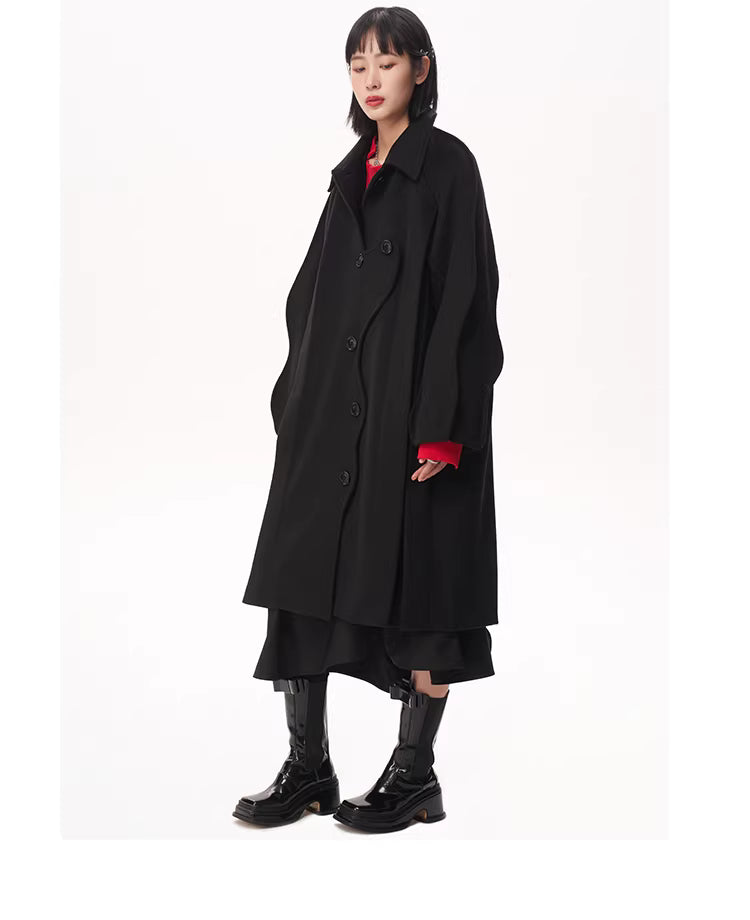 Asymmetrical Wave Placket Wool-Blend Coat