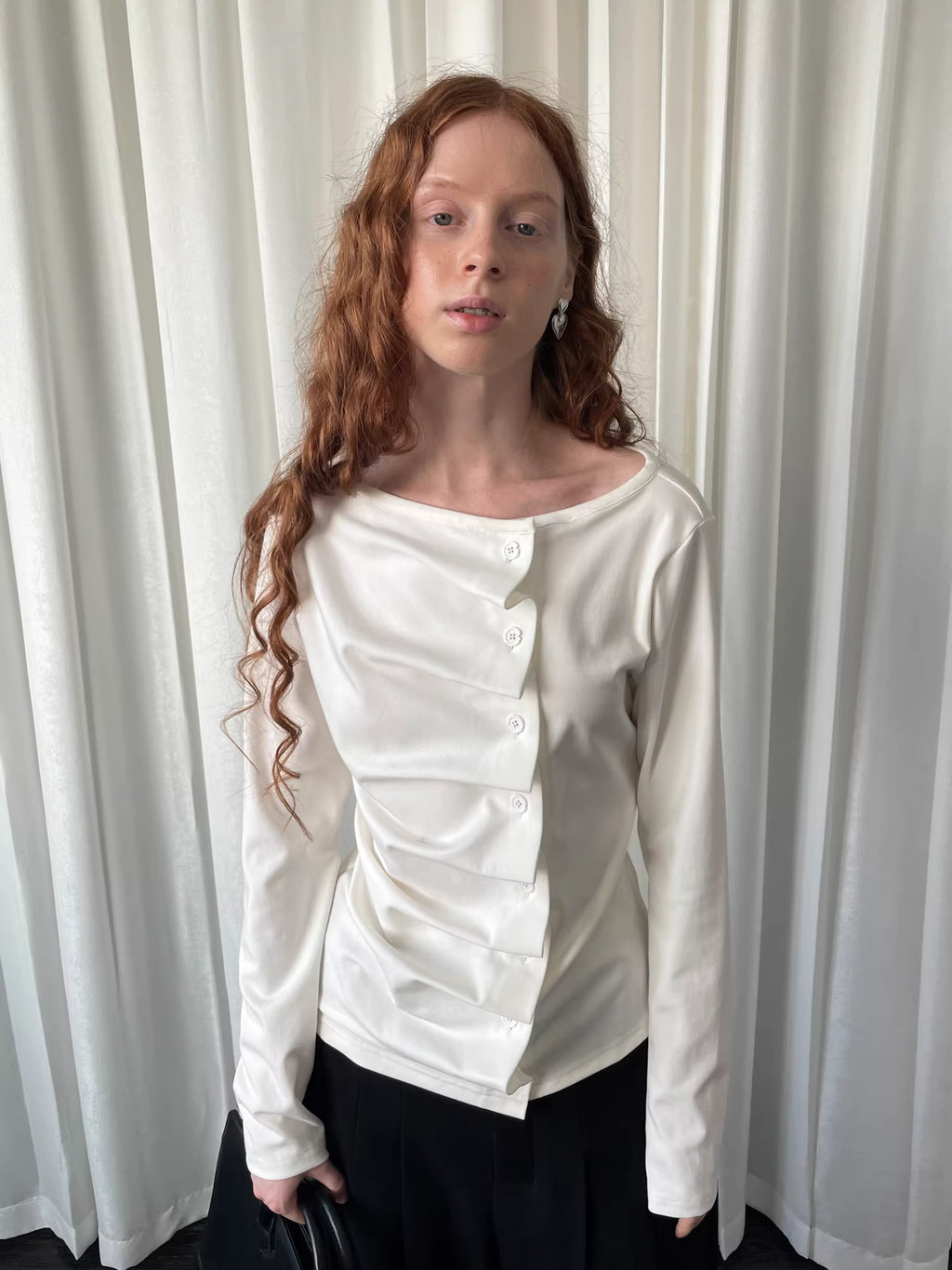 Linear Fold Placket Long Sleeve Top