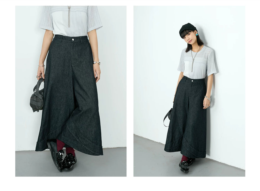 Curved Seam Wide-Leg Denim Trousers