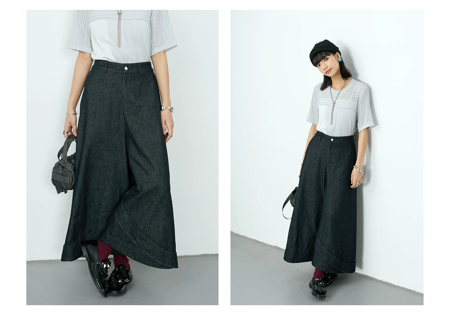 Curved Seam Wide-Leg Denim Trousers