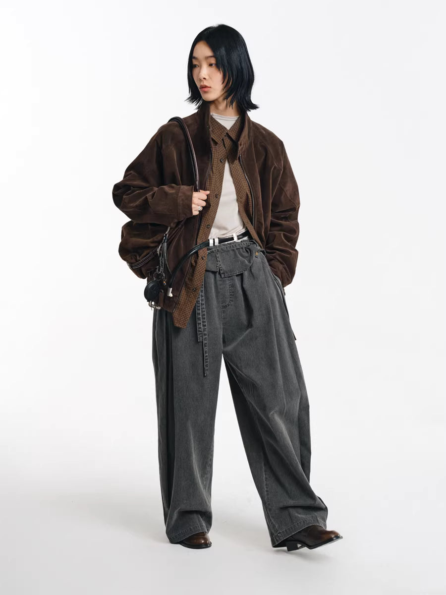 Deconstructed Wide-Leg Charcoal Trousers