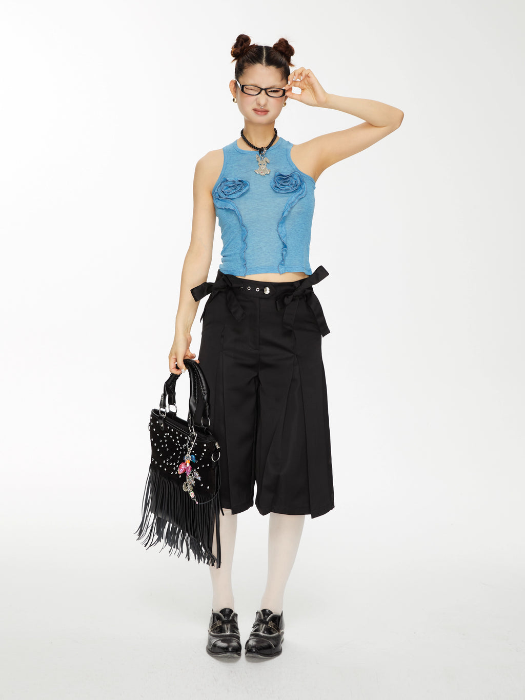 Bow-Embellished Pleated Back Wide-Leg Trouser Shorts