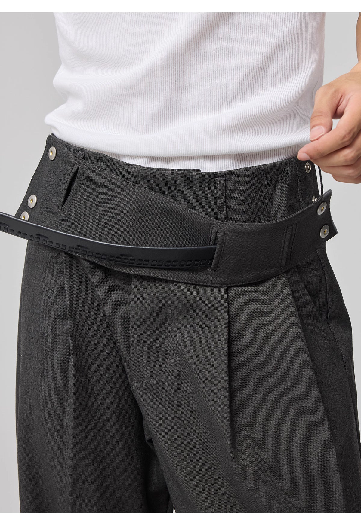 Removable Waistband Wool Trousers with Openwork Pockets