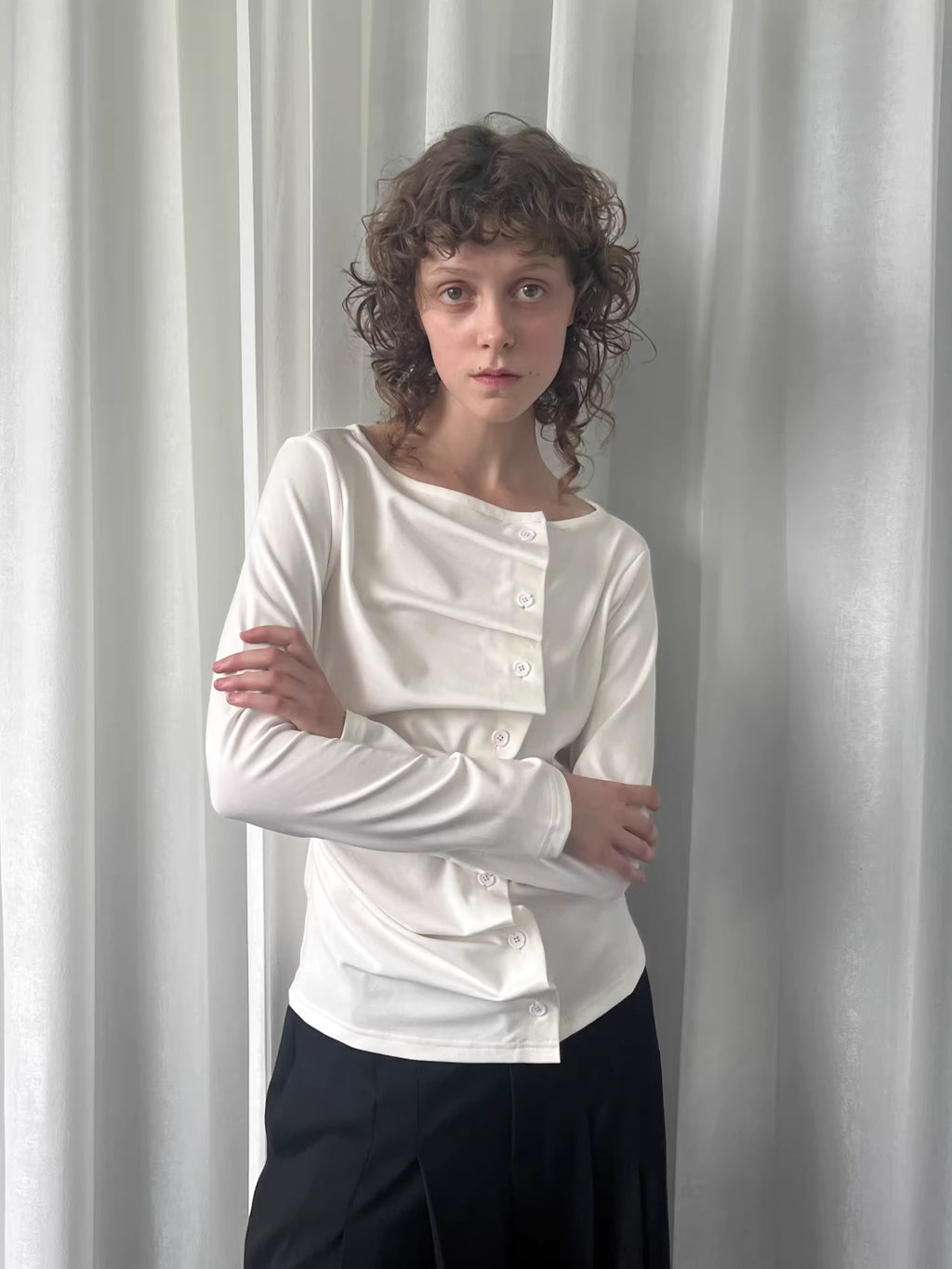Linear Fold Placket Long Sleeve Top