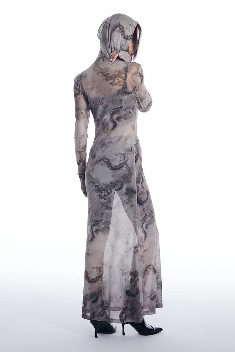 Dragon Veil Hooded Mesh Maxi Dress