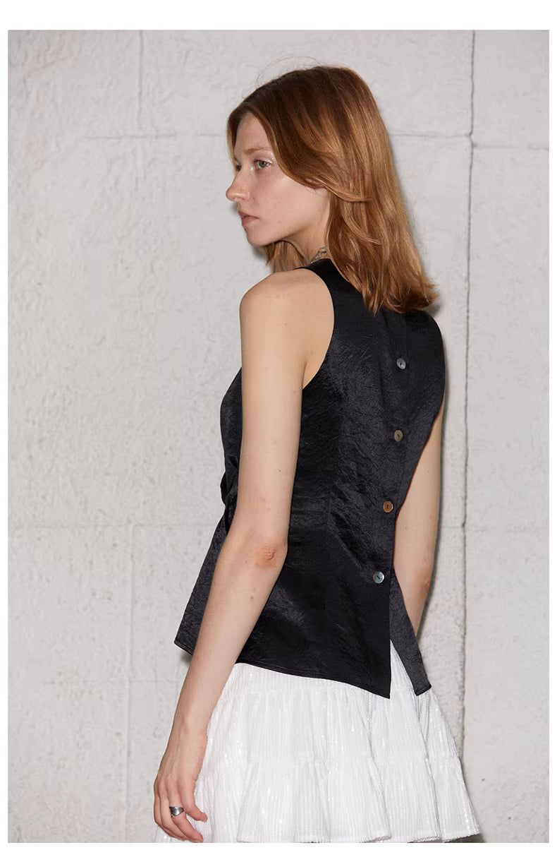 Crinkled Satin Cowl-Neck Top with Button-Back Detail