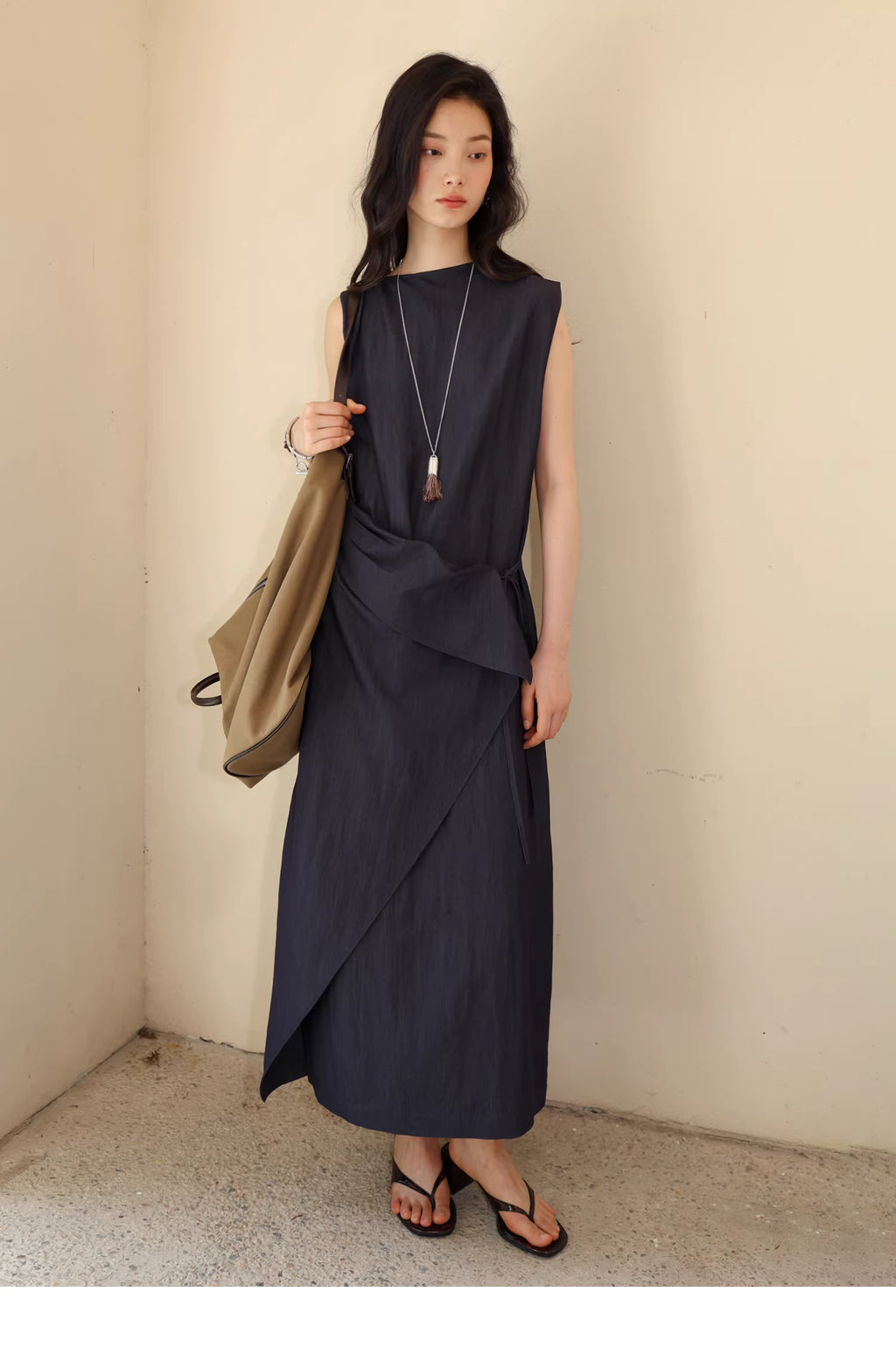 Sculptural Indigo Side-Tie Maxi Dress