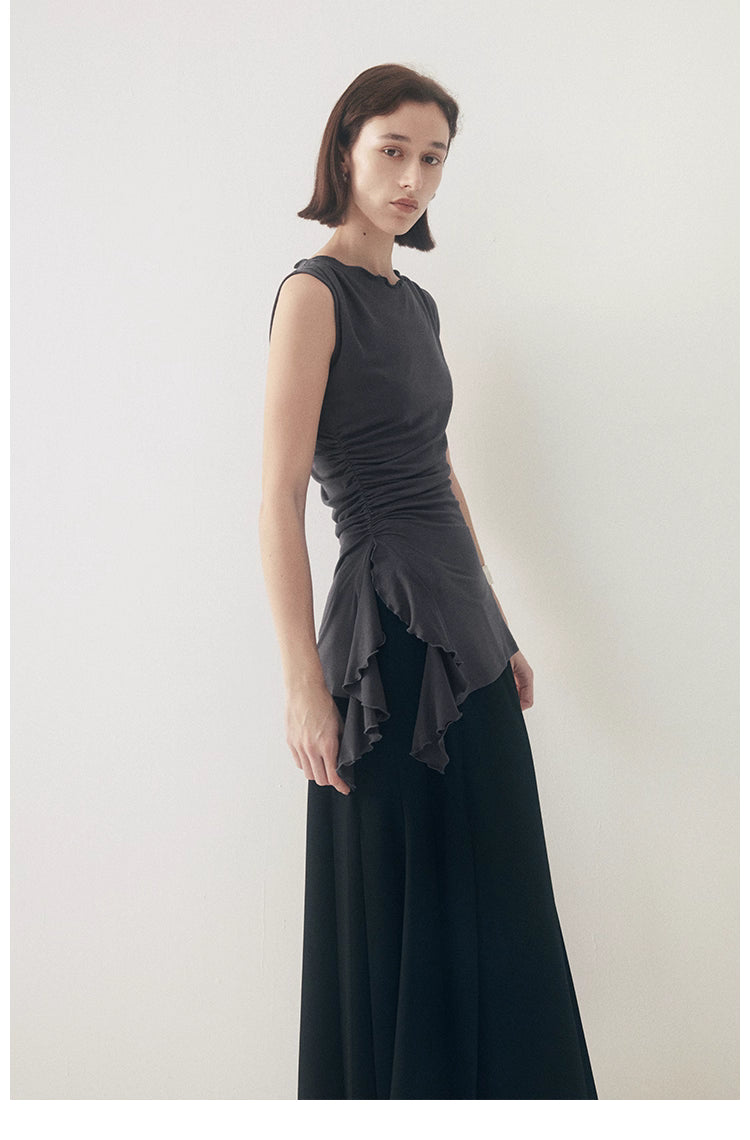 Ruffled Knit Top in Charcoal or Beige