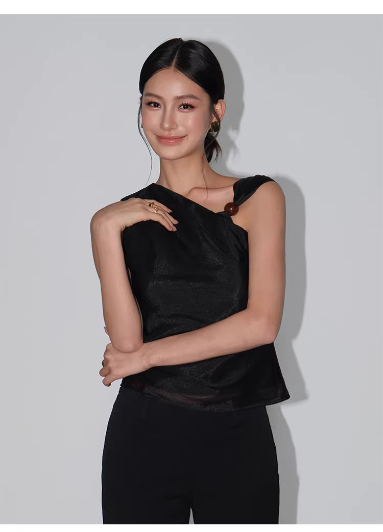 Beaded One Shoulder Top in Black Ink or White