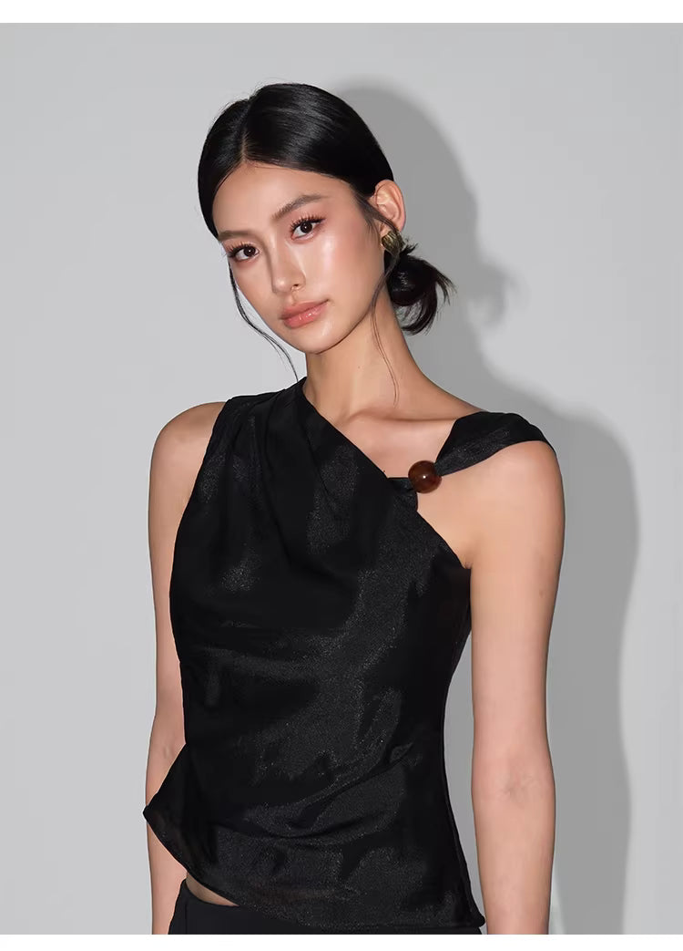Beaded One Shoulder Top in Black Ink or White