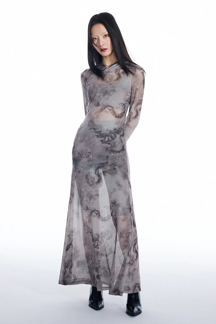 Dragon Veil Hooded Mesh Maxi Dress