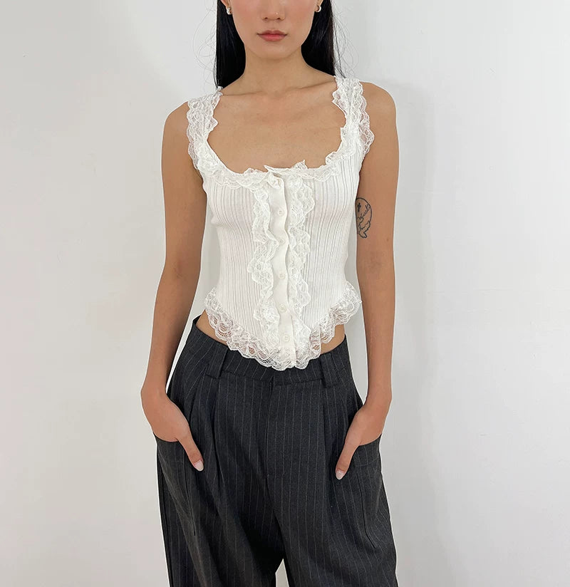 Lace Trim Pointelle Corset Tank