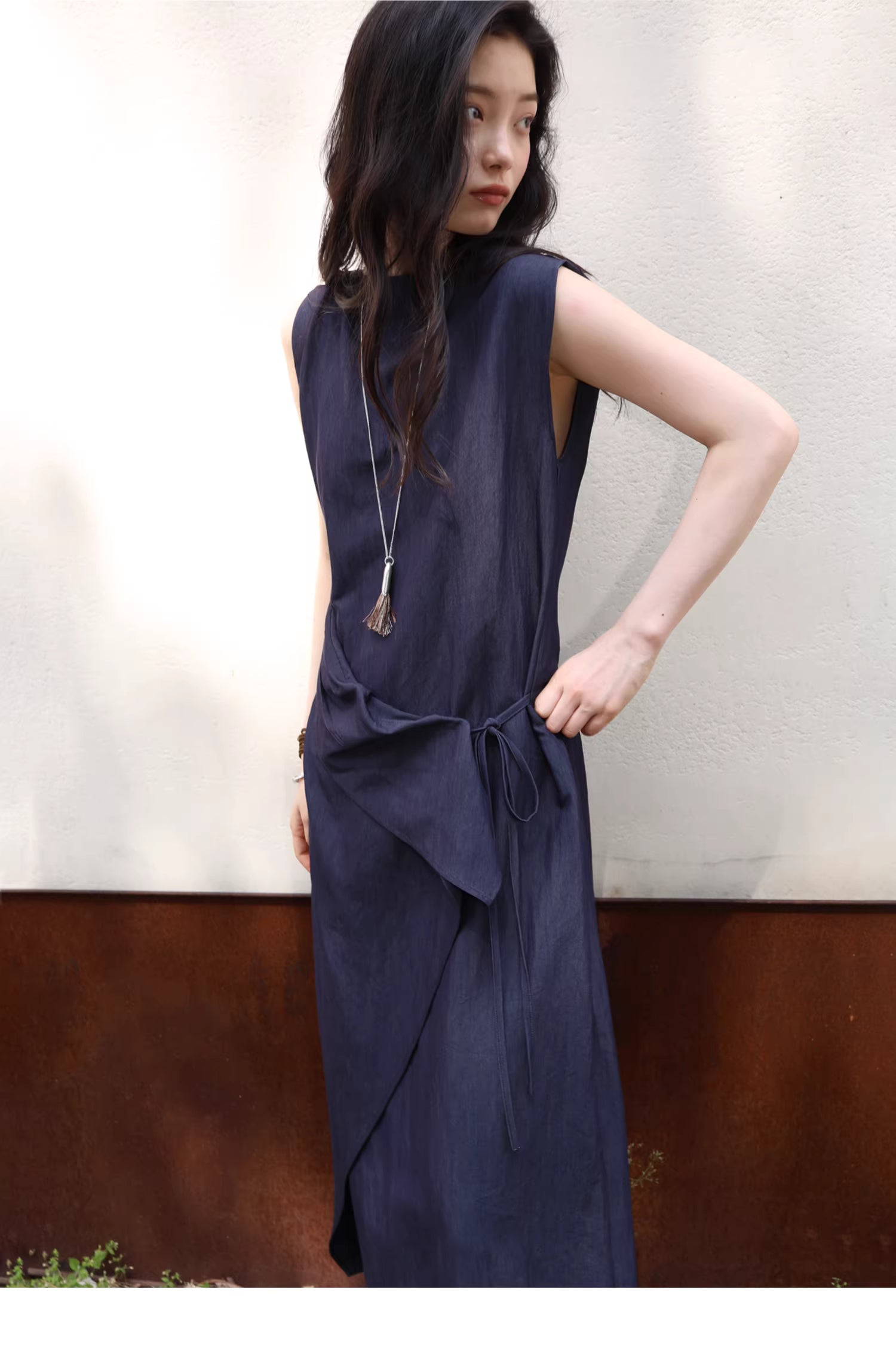 Sculptural Indigo Side-Tie Maxi Dress