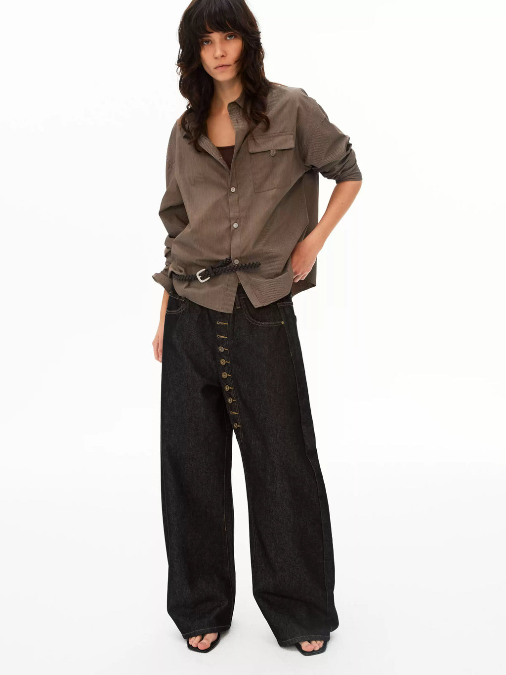Asymmetric Button Fly Wide-Leg Denim