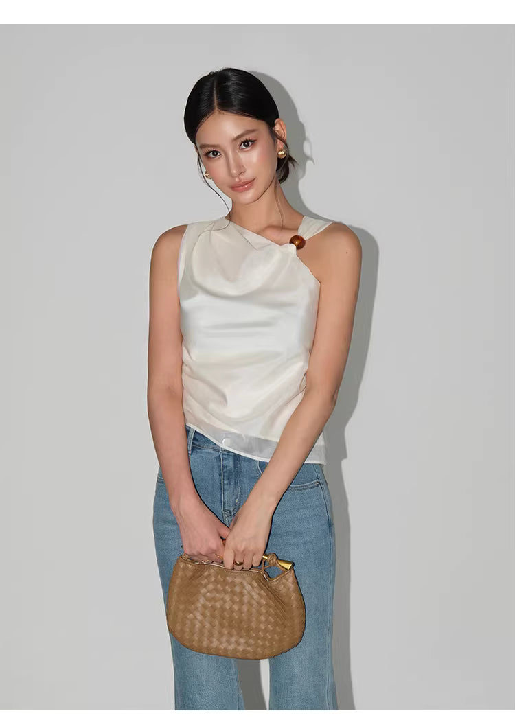 Beaded One Shoulder Top in Black Ink or White