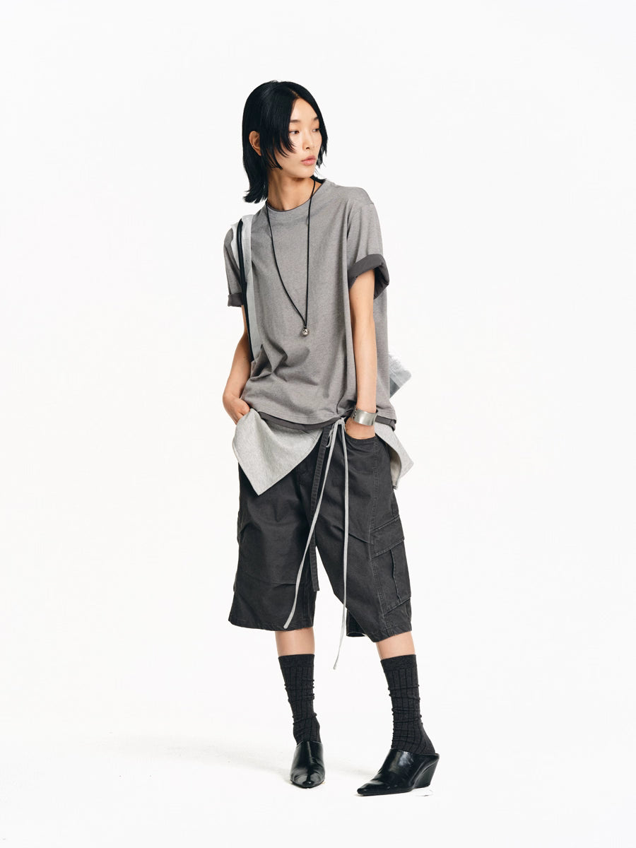 Drawstring Washed A-line Cargo Wide-Leg Shorts