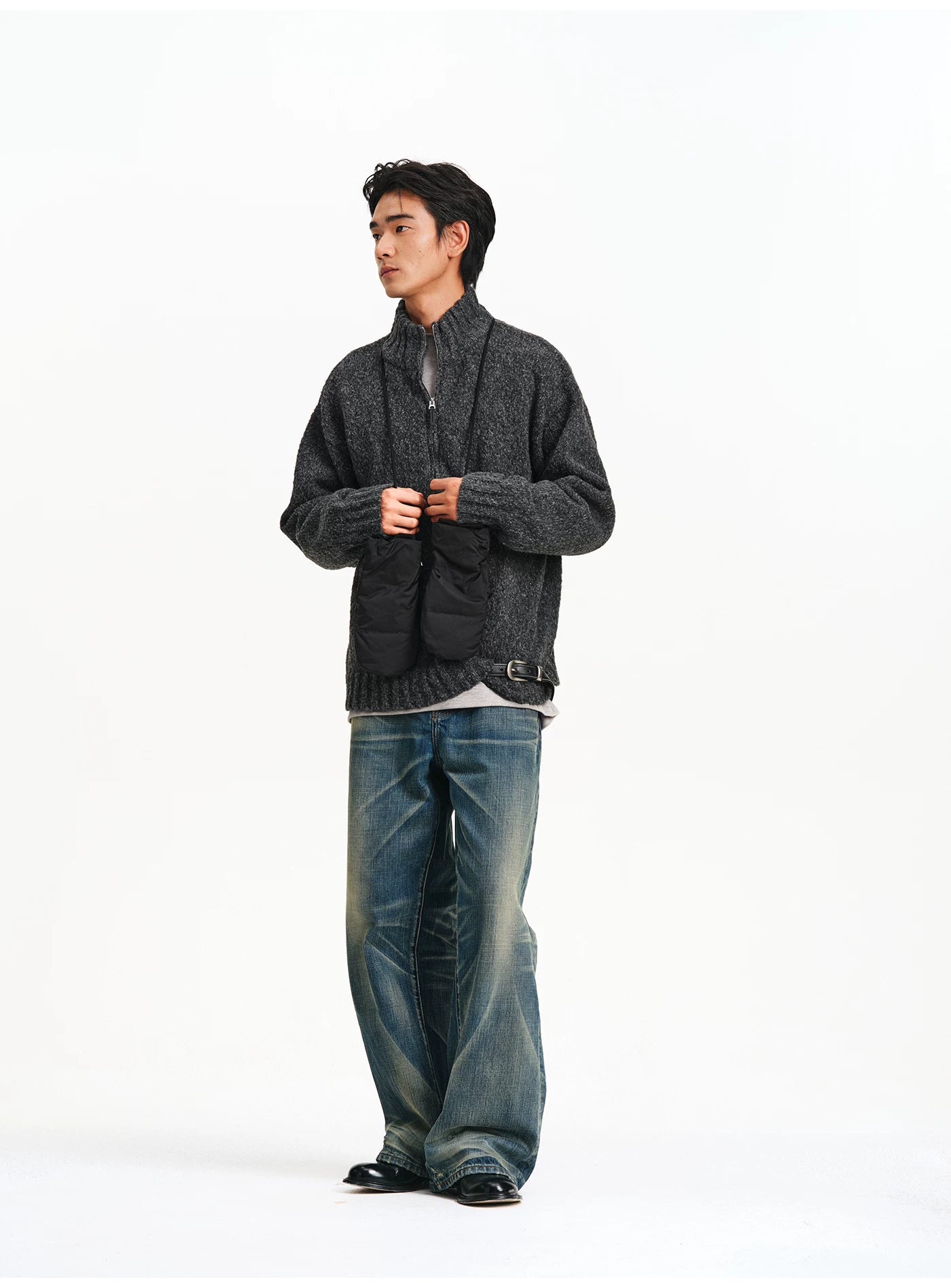 Textured Bouclé Half-Zip Knit – Charcoal