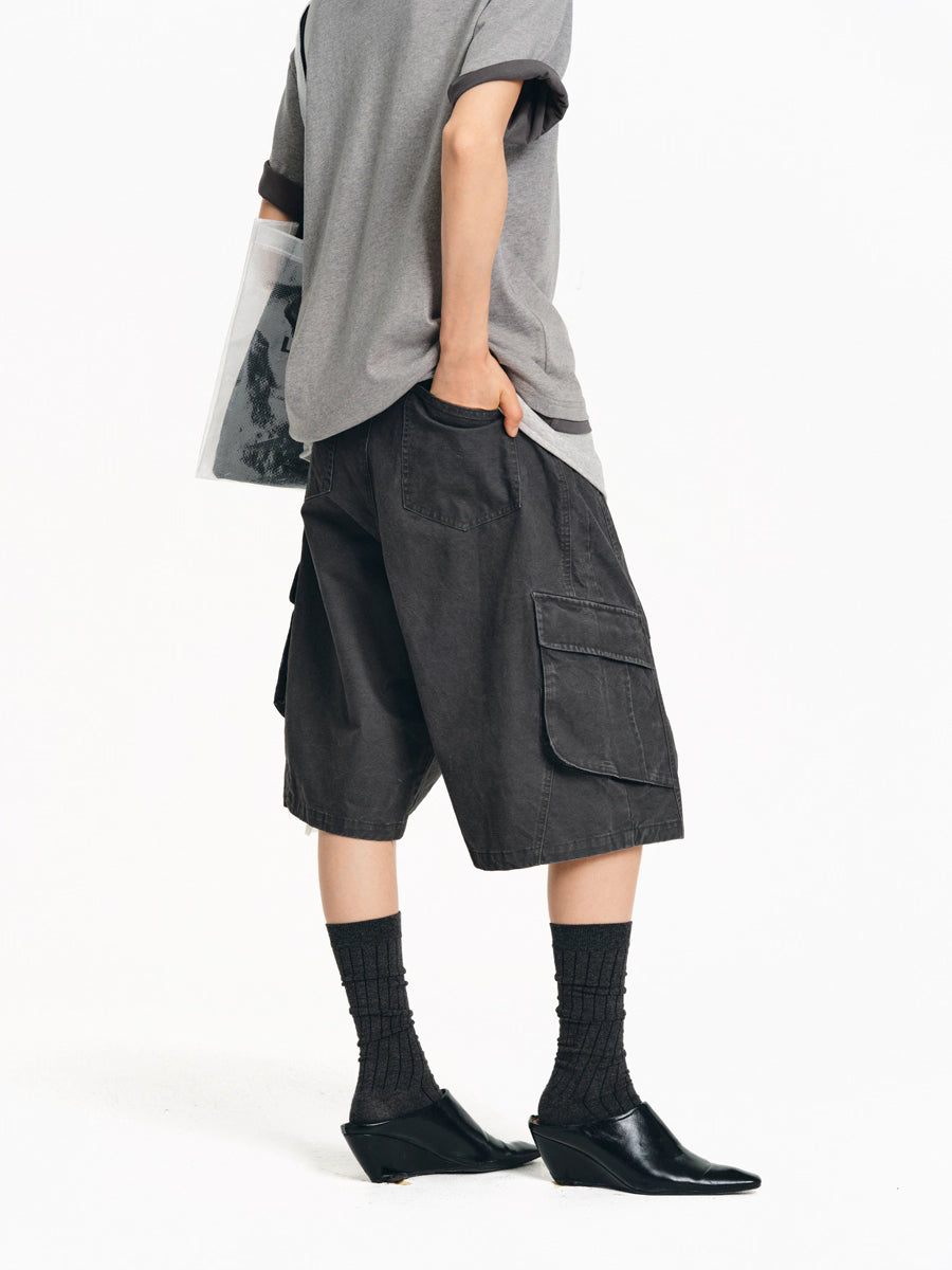 Drawstring Washed A-line Cargo Wide-Leg Shorts