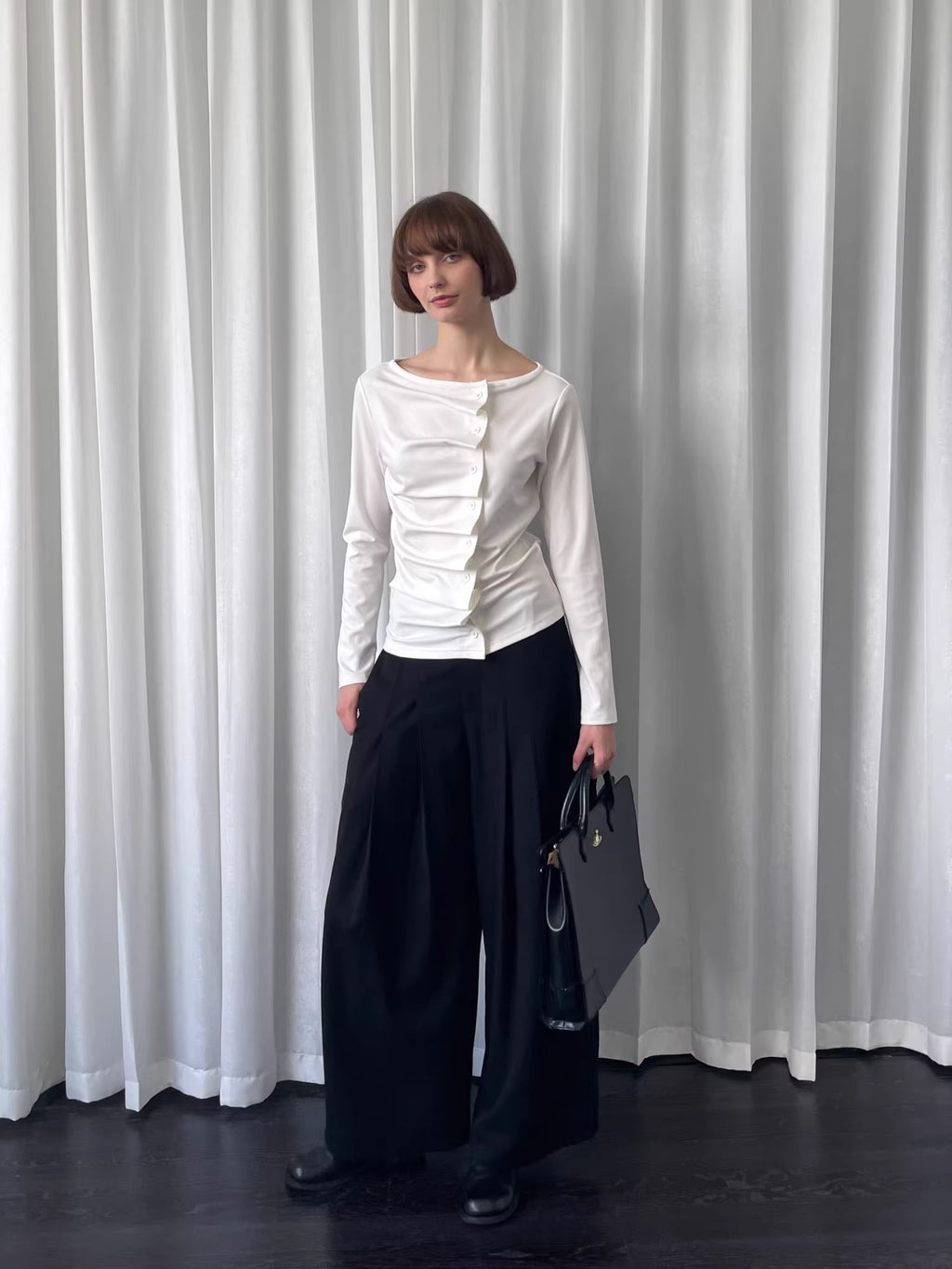 Linear Fold Placket Long Sleeve Top