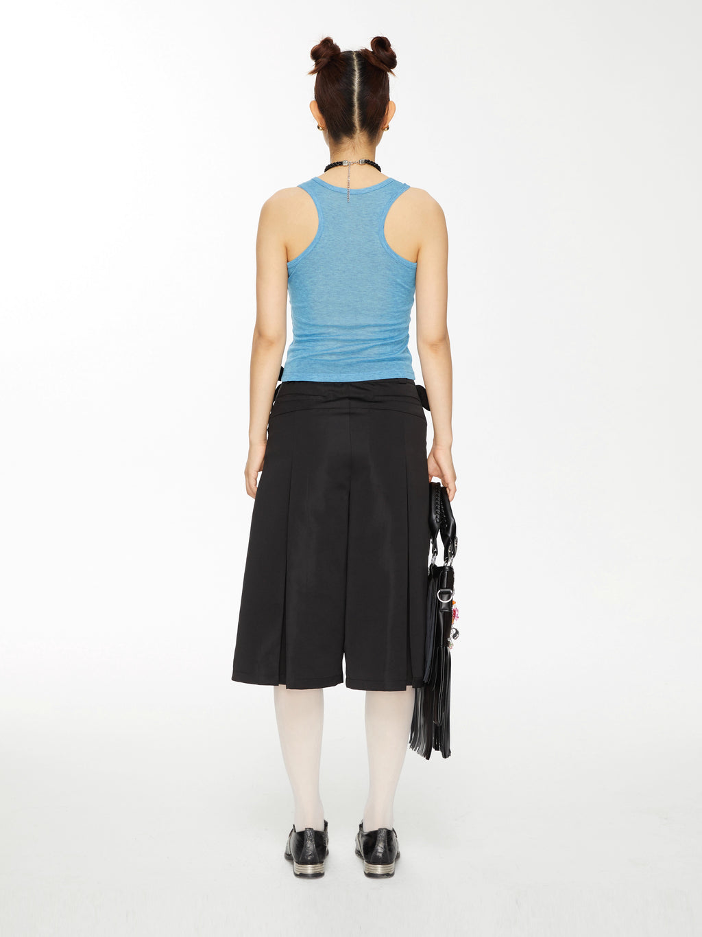 Bow-Embellished Pleated Back Wide-Leg Trouser Shorts