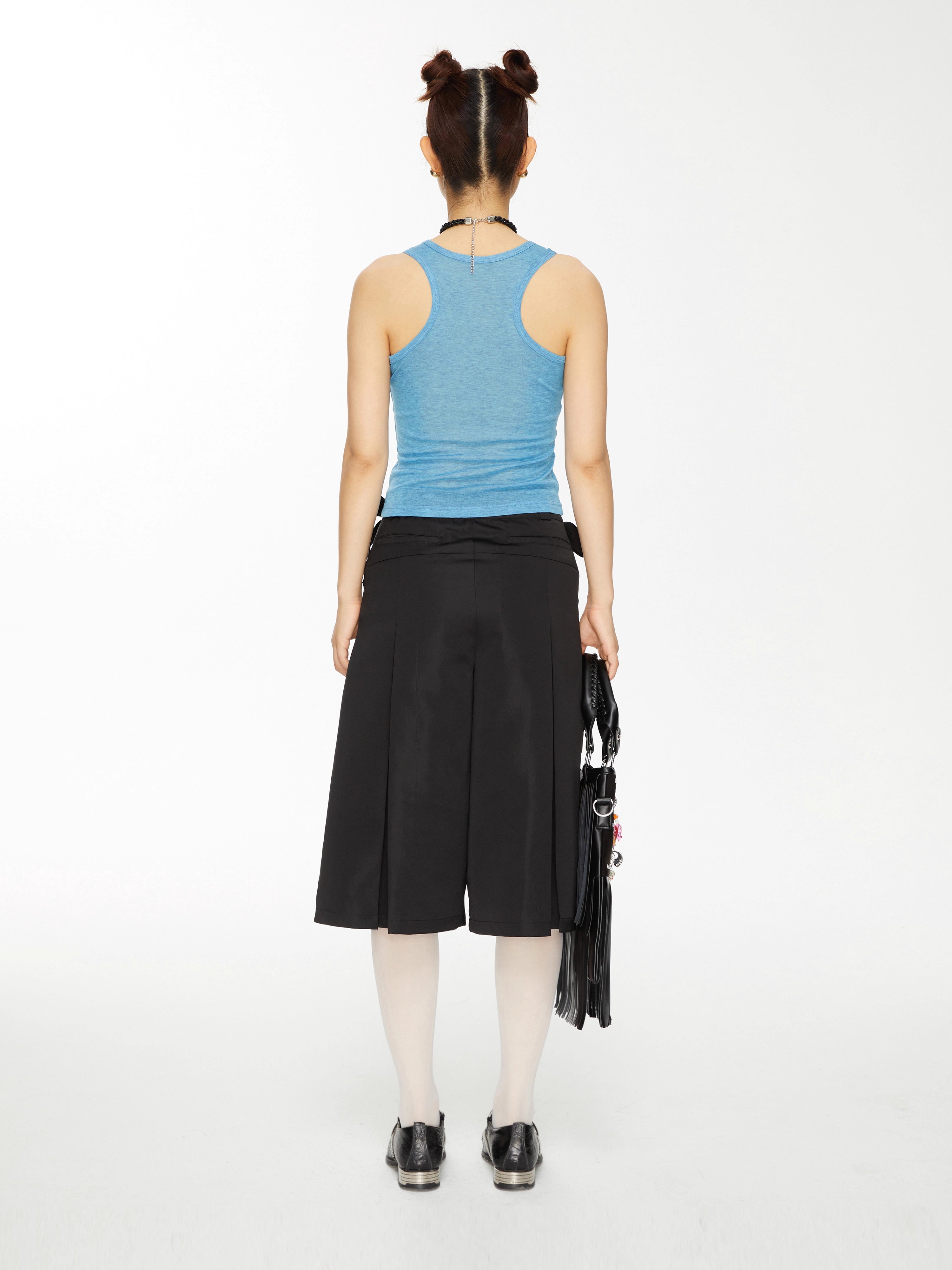 Bow-Embellished Pleated Back Wide-Leg Trouser Shorts