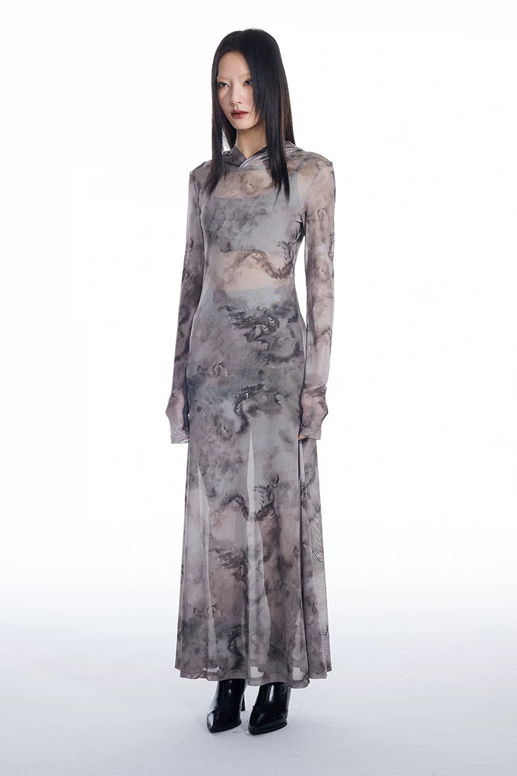 Dragon Veil Hooded Mesh Maxi Dress
