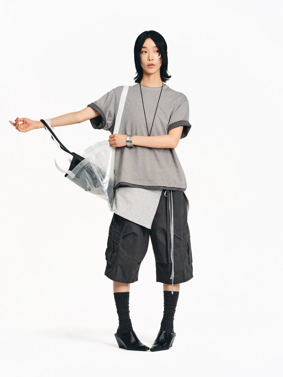 Drawstring Washed A-line Cargo Wide-Leg Shorts