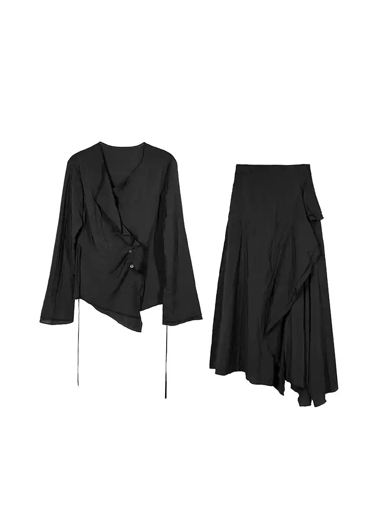 Asymmetric Drape Shirt & Skirt Set
