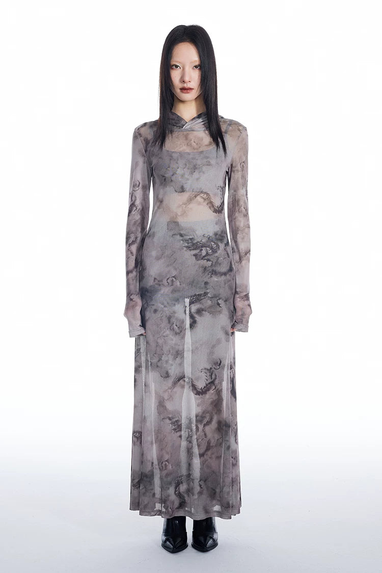 Dragon Veil Hooded Mesh Maxi Dress