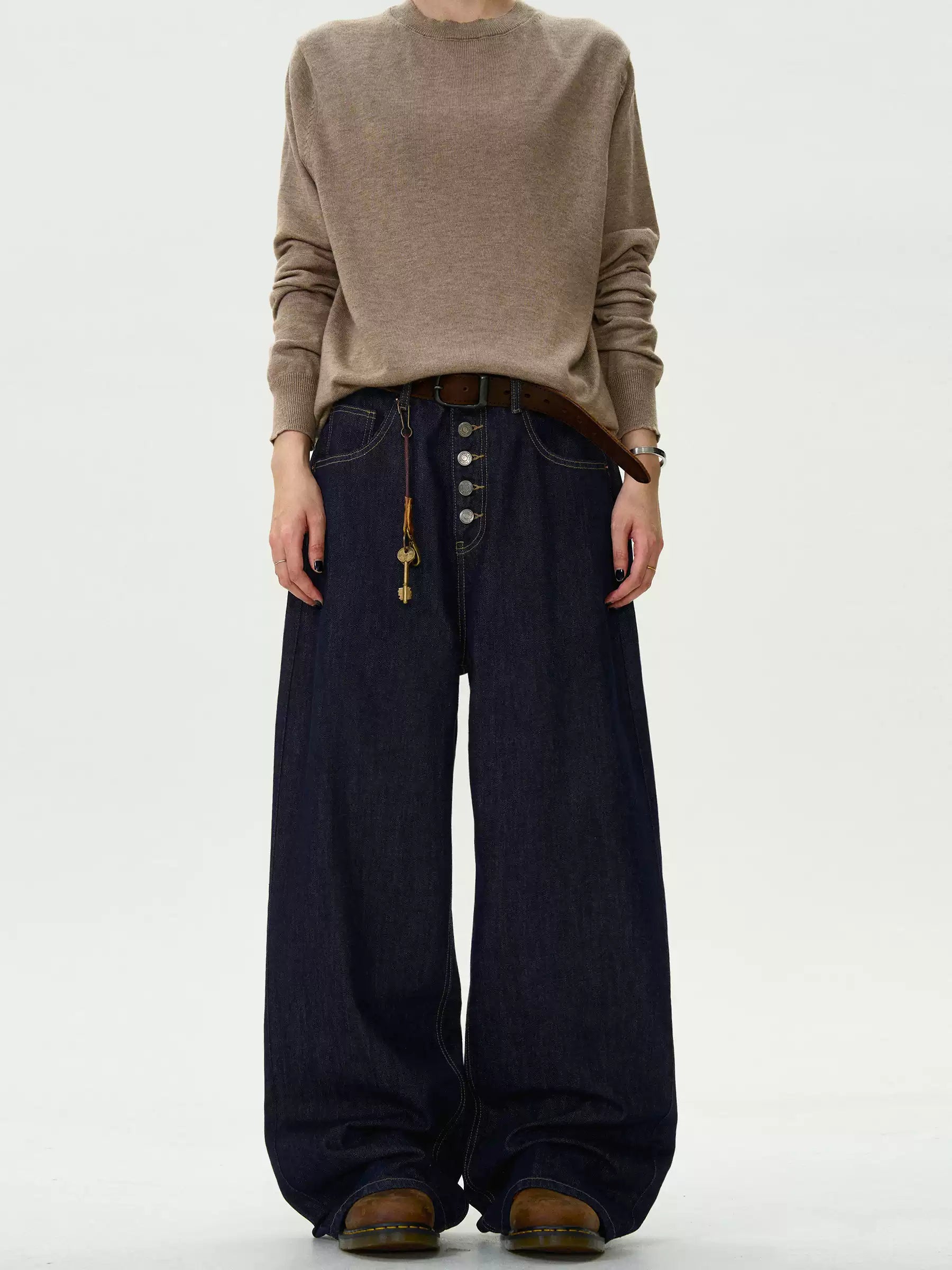 Button Fly Wide-Leg Raw Denim