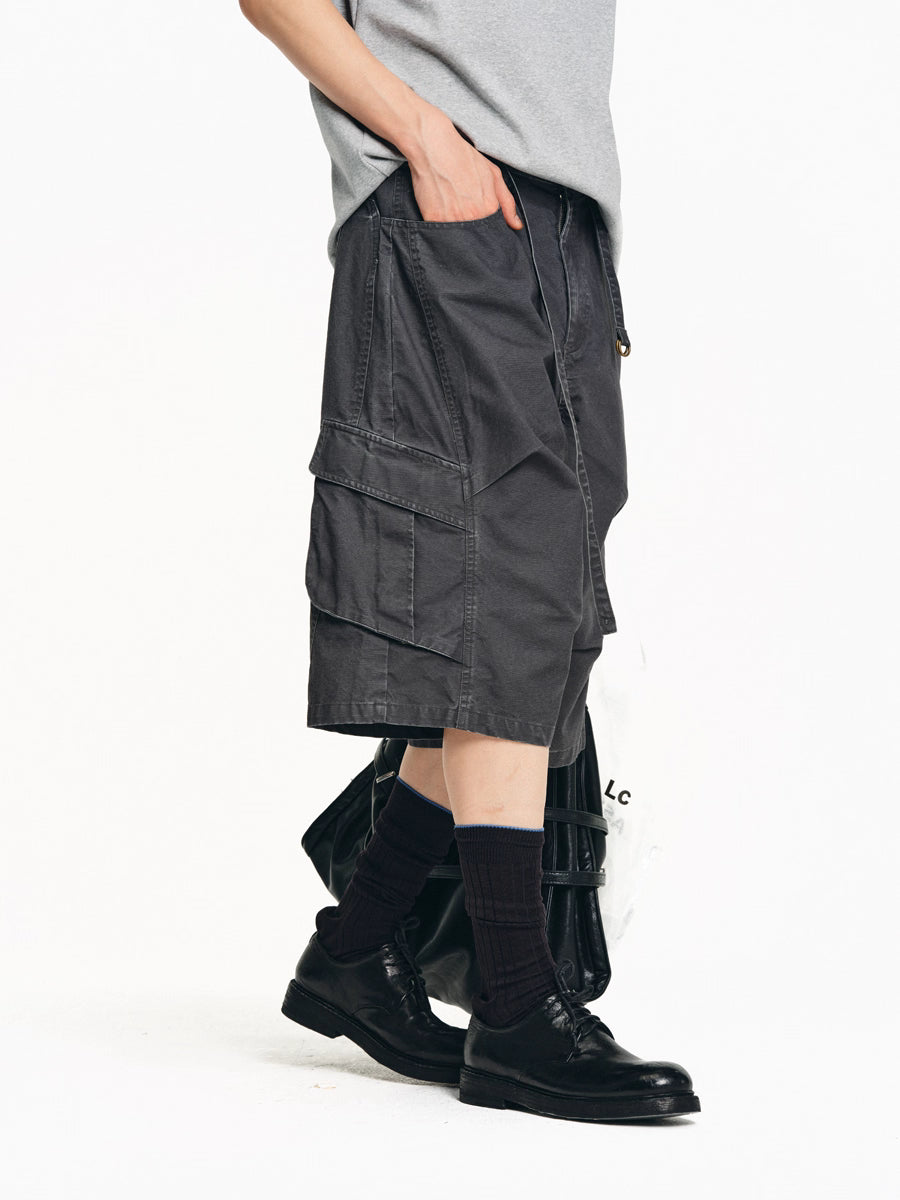 Drawstring Washed A-line Cargo Wide-Leg Shorts