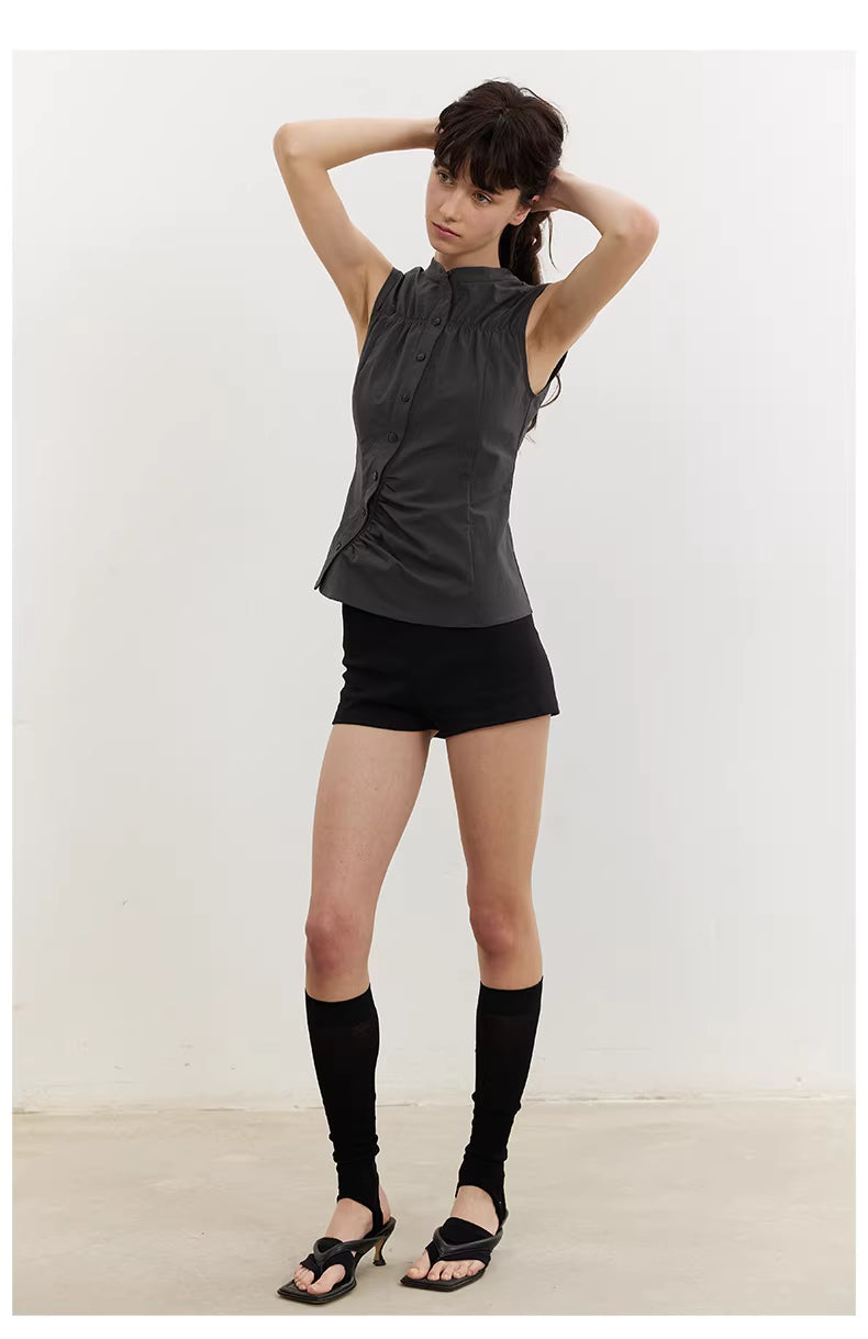 Asymmetric Button Blouse in Beige or Charcoal