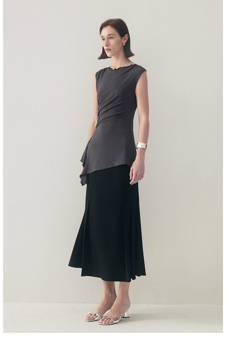 Ruffled Knit Top in Charcoal or Beige