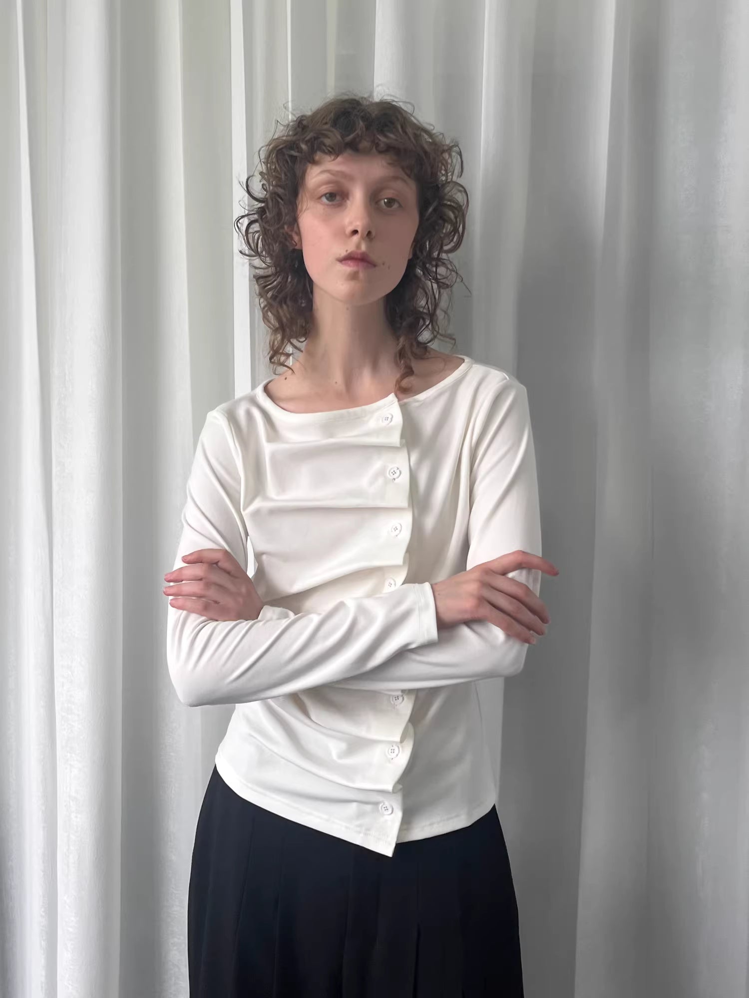 Linear Fold Placket Long Sleeve Top