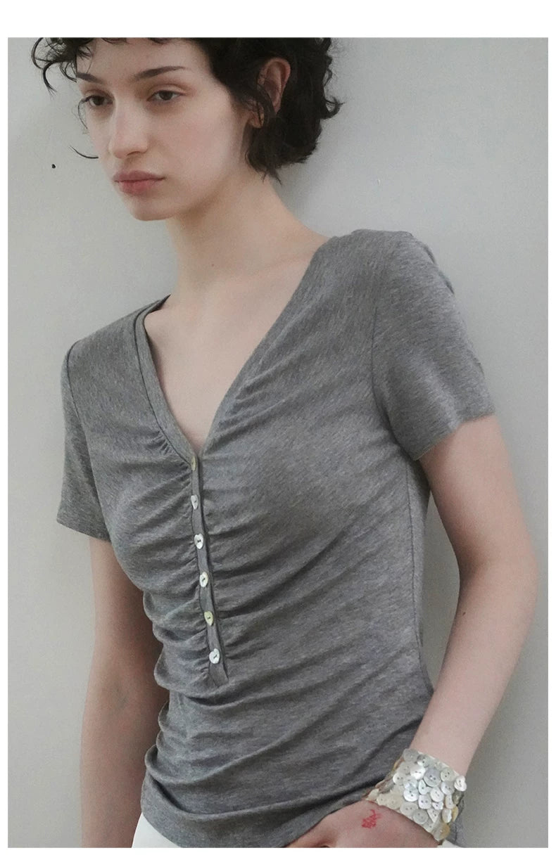 Roselight TENCEL™ Wool Button Ruched Top