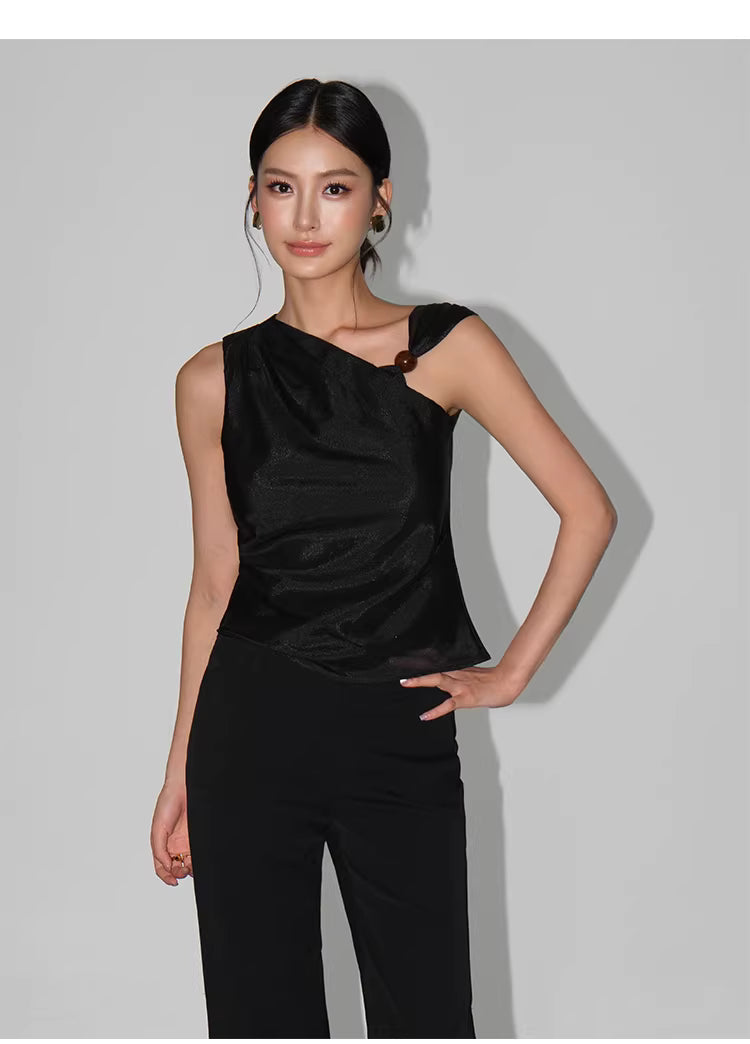 Beaded One Shoulder Top in Black Ink or White